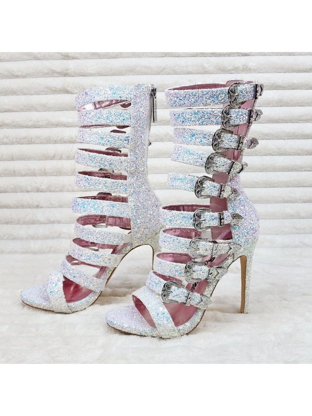 Sexy Wavy Strap up Front Ankle Boots Shooties Sparkling White Ice Glitter Heels
